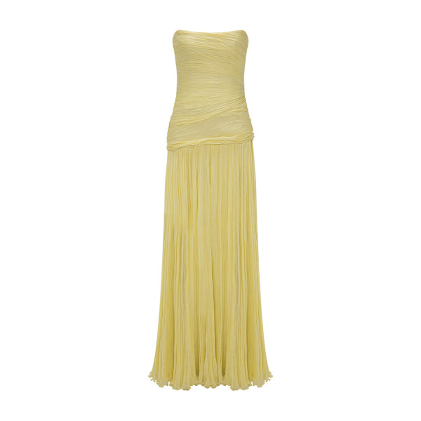 Marmar Halim Strapless Pleated Chiffon Georgete Dress With Pleated Cape Dresses