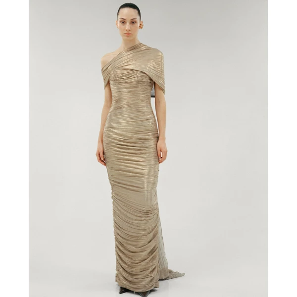 Marmar Halim Strapless Silk Hand Pleated Dress With Hand Pleated Cape Dresses