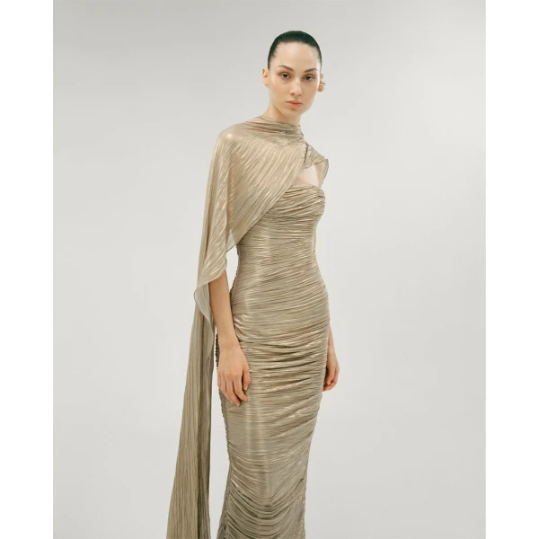 Marmar Halim Strapless Silk Hand Pleated Dress With Hand Pleated Cape Dresses