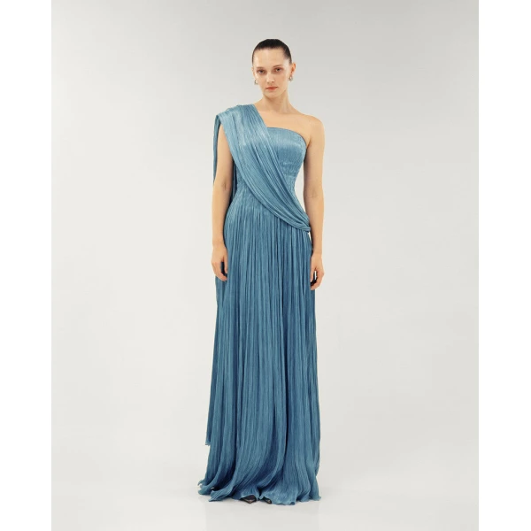 Marmar Halim Strapless Silk Roseya Pleated Dress With Cape Attached Dresses