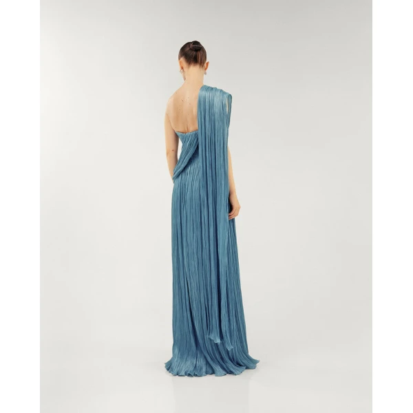 Marmar Halim Strapless Silk Roseya Pleated Dress With Cape Attached Dresses