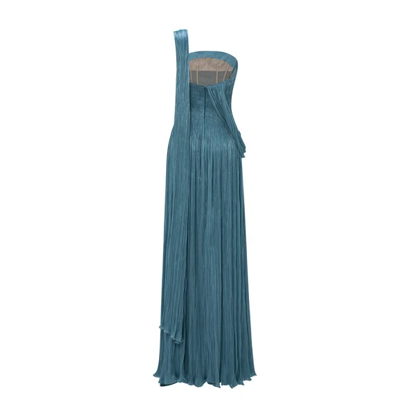 Marmar Halim Strapless Silk Roseya Pleated Dress With Cape Attached Dresses