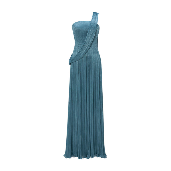 Marmar Halim Strapless Silk Roseya Pleated Dress With Cape Attached Dresses