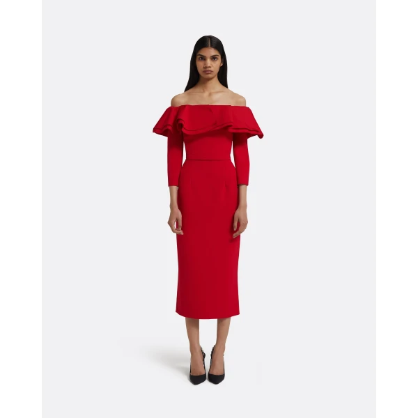 Safiyaa Dorian Midi Dress in Lacquer Red on Crimson, view 2