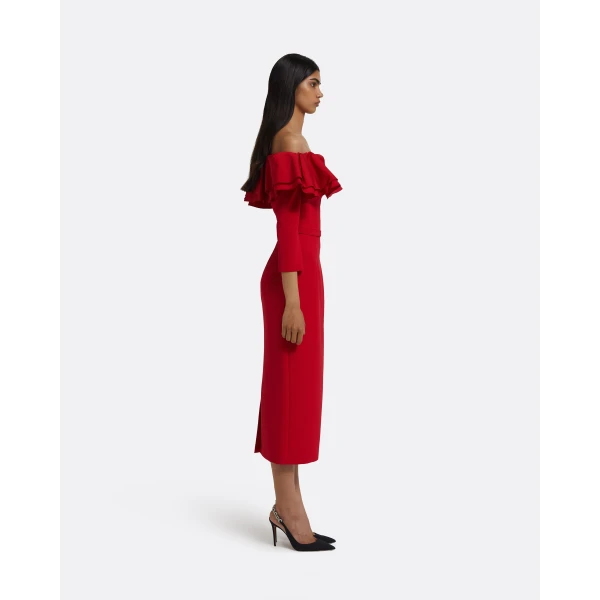 Safiyaa Dorian Midi Dress in Lacquer Red on Crimson, view 5