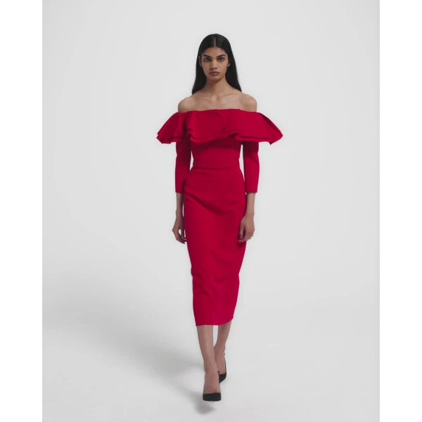 Dorian Midi Dress in Lacquer Red on Crimson - Image 6