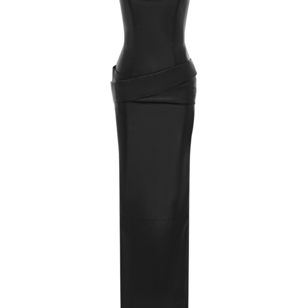 Alex Perry strapless drape column gown in leather, sculptural red-carpet eveningwear