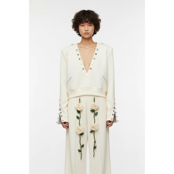 Loulou The Brand Ivory Deep V Sweatshirt With Silver Studs Knit, view 2