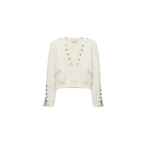 Ivory Deep V Sweatshirt With Silver Studs