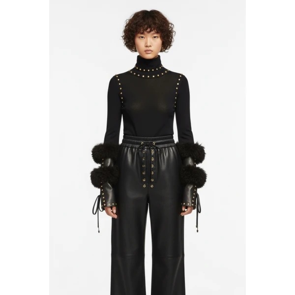 Loulou The Brand Jersey Turtleneck Top With Studded Detailing In Black, view 2
