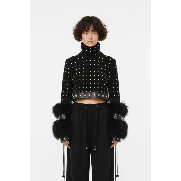 Loulou The Brand Jersey Turtleneck Top With Studded Detailing, view 2