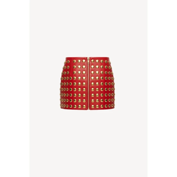 Loulou The Brand Red Studded Leather Mini Skirt, view 2