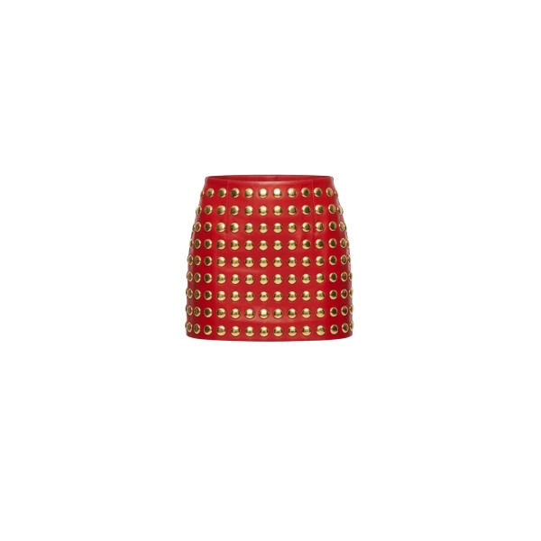 Red Studded Leather Mini Skirt