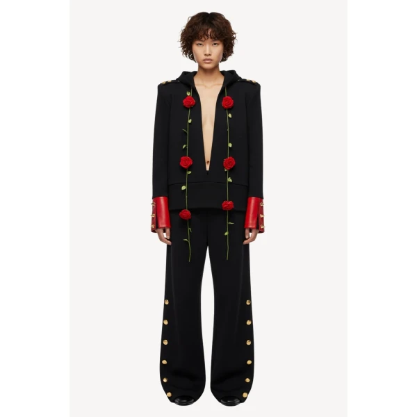Loulou The Brand Rose-Embellished Hooded Sweatshirt In Black Knit, view 2