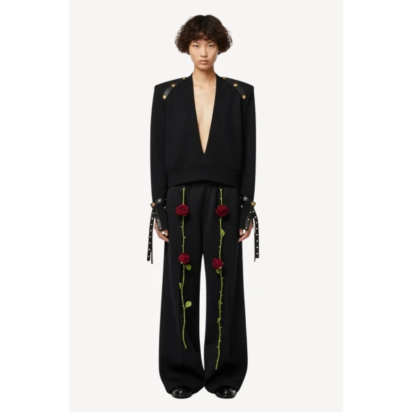 Loulou The Brand Studded V-Neck Sweatshirt In Black Knit, view 2