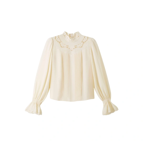 Embroidered Top Matte Silk + Lace in Ivory
