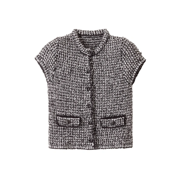 Textured Crop Jacket Tweed Cotton Knit in Black