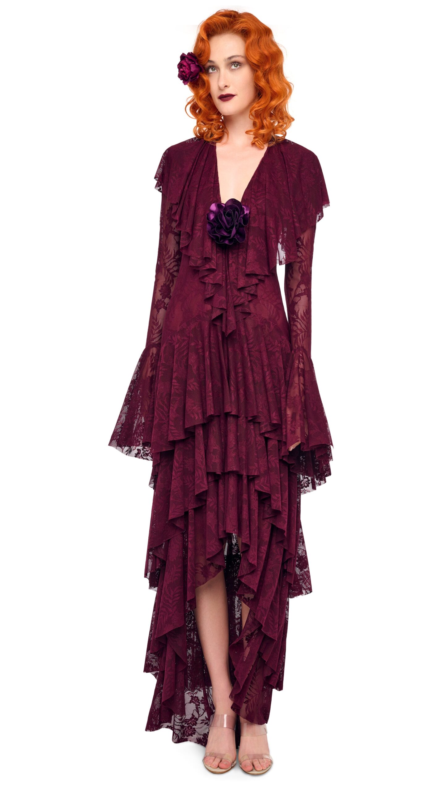 Norma Kamali Hi Low Long Sleeve Deep V Ruffle Gown | Ready to Wear Collection Coveti Elevate your elegance in this Norma Kamali from the resort wear edit