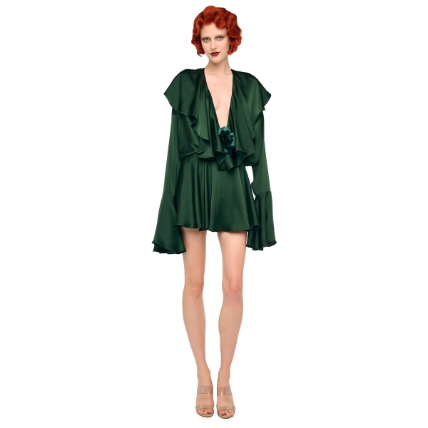 Norma Kamali Long Sleeve Deep V Ruffle Bodysuit, view 4