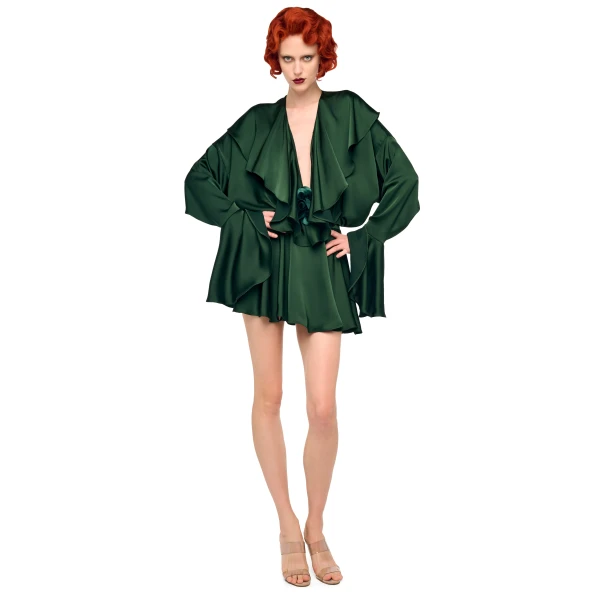 Norma Kamali Long Sleeve Deep V Ruffle Bodysuit
