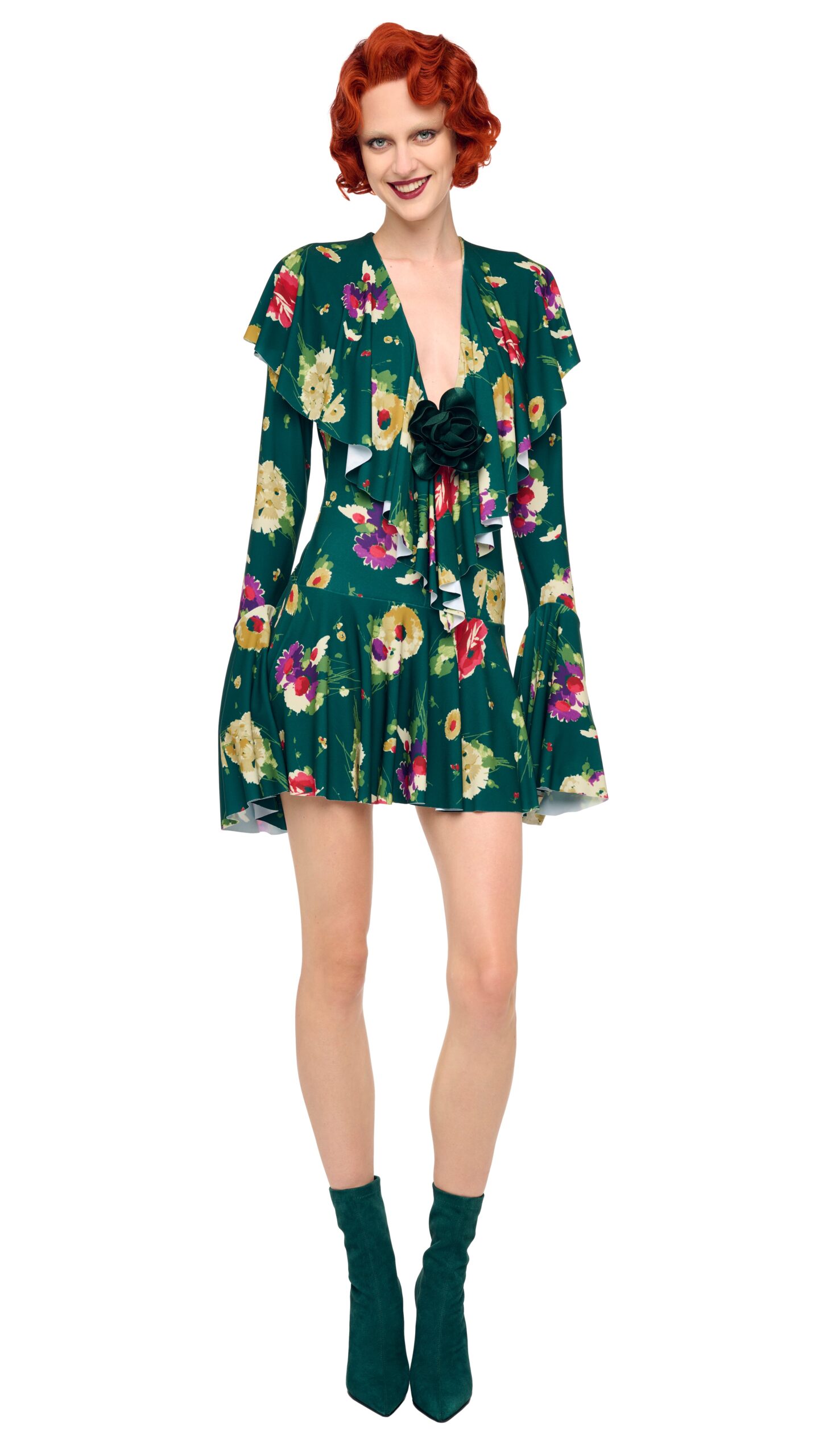 Norma Kamali Long Sleeve Deep V Ruffle Mini Dress | Ready to Wear Collection Coveti Elevate your elegance in this Norma Kamali from the resort wear edit