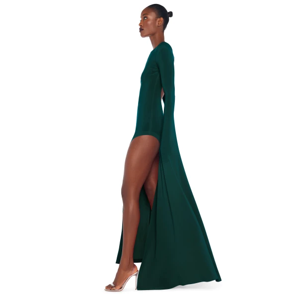 Norma Kamali Open Back Ribbon Sleeve Wide Slit Gown, view 2