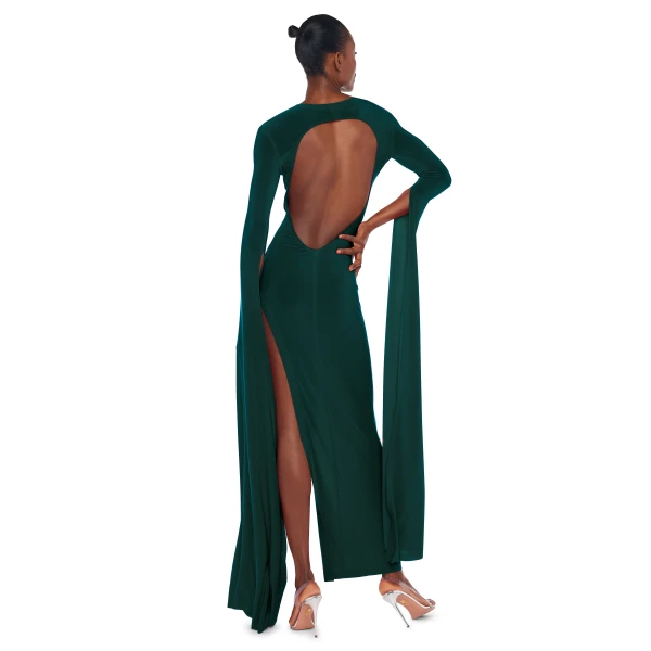 Norma Kamali Open Back Ribbon Sleeve Wide Slit Gown, view 3