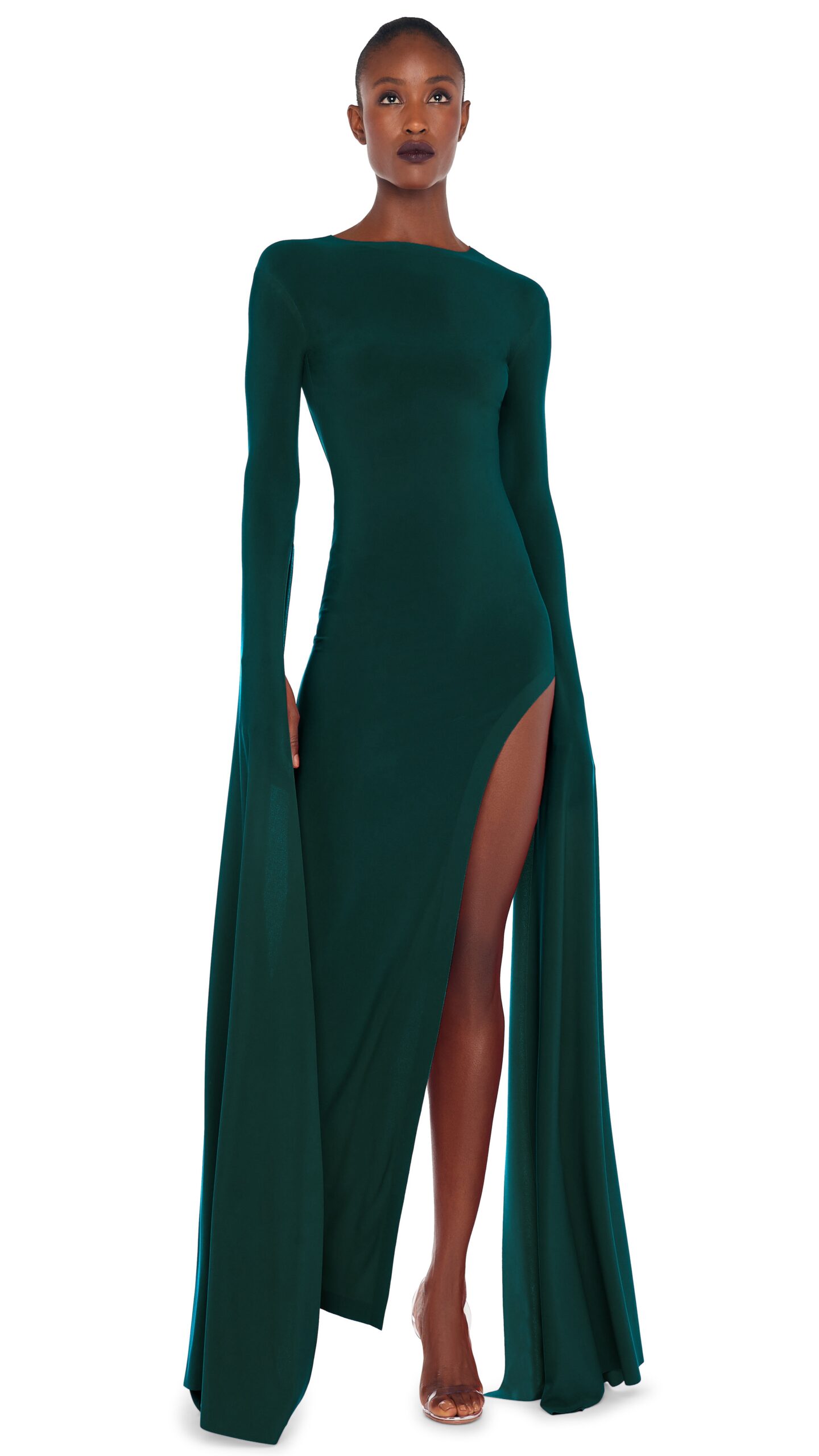 Norma Kamali Open Back Ribbon Sleeve Wide Slit Gown | Ready to Wear Collection Coveti Elevate your elegance in this Norma Kamali from the resort wear edit