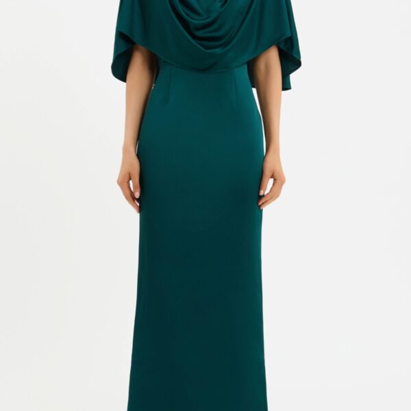 tailored from bonded satin. It features a striking draped cape overlay that exudes refined elegance