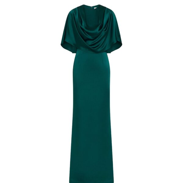 Rebecca Vallance Green Dresses The Ellerie Cape Gown in forest green embodies timeless sophistication