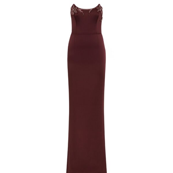 Rebecca Vallance Red Dresses The Alora Strapless Gown is captivating in a rich wine hue