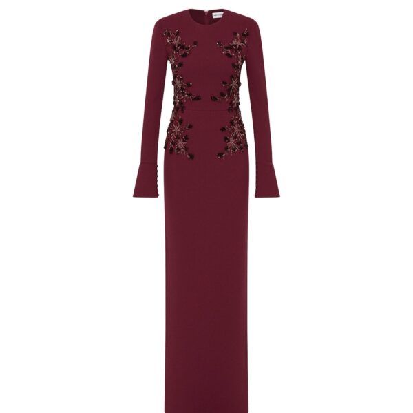 Rebecca Vallance Red Dresses The Lulee Long Sleeve Gown embodies feminine elegance in a rich wine hue
