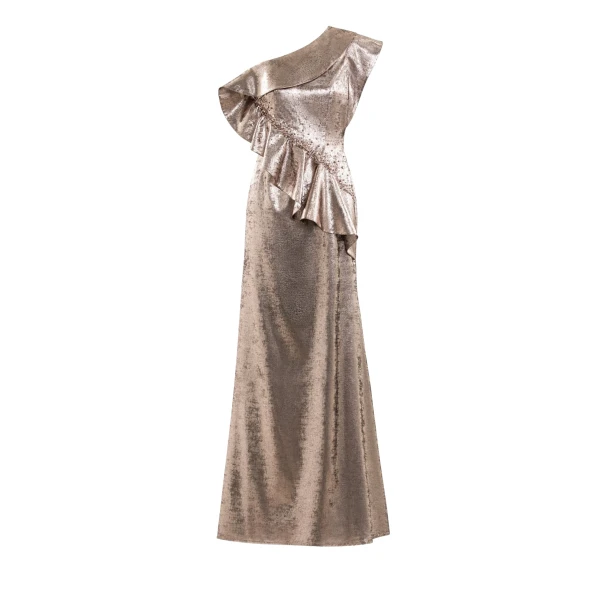 Embellished One-Shoulder Lamé Dress