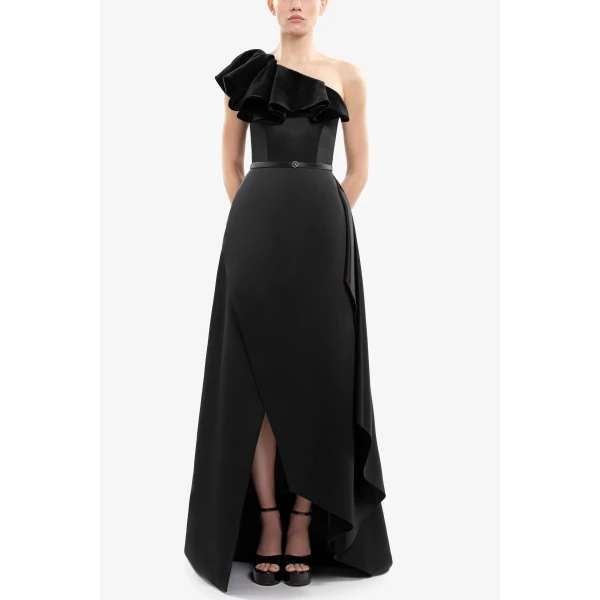 Saiid Kobeisy One-Shoulder Velvet and Satin Dress, view 2