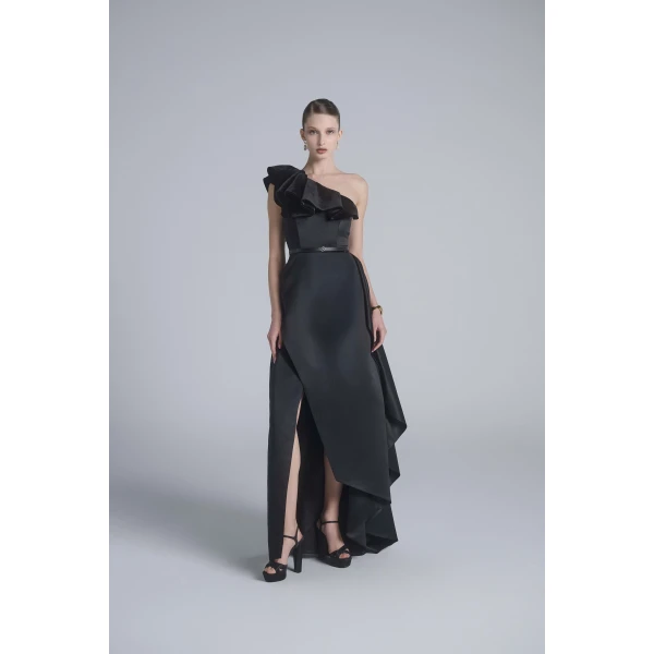 Saiid Kobeisy One-Shoulder Velvet and Satin Dress, view 5