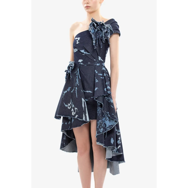 Saiid Kobeisy One-shoulder printed denim short dress, view 3