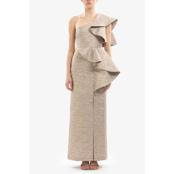 Saiid Kobeisy Ruffled Light Gold Brocade Dress, view 2