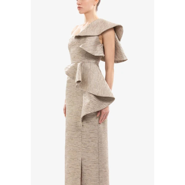 Saiid Kobeisy Ruffled Light Gold Brocade Dress, view 3