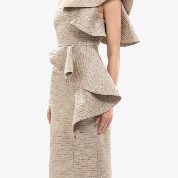 Saiid Kobeisy Ruffled Light Gold Brocade Dress