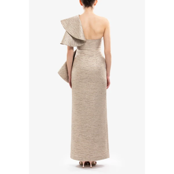Saiid Kobeisy Ruffled Light Gold Brocade Dress, view 4