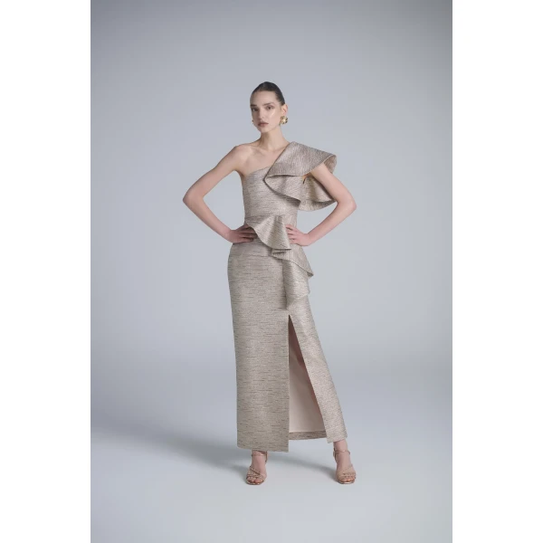 Saiid Kobeisy Ruffled Light Gold Brocade Dress, view 5