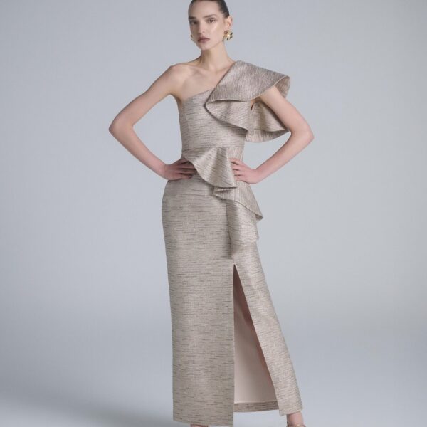 Saiid Kobeisy Ruffled Light Gold Brocade Dress