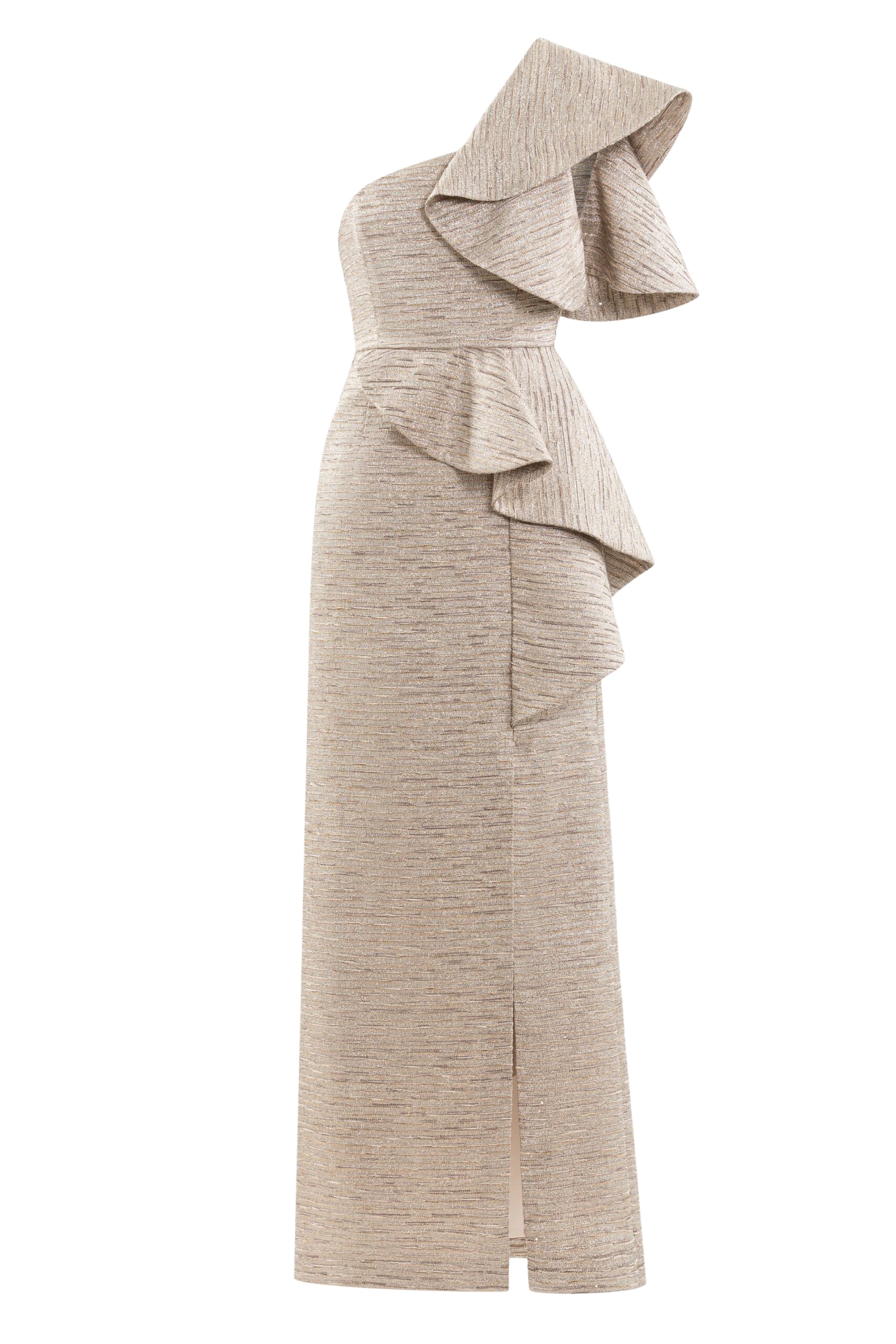Saiid Kobeisy Ruffled Light Gold Brocade Dress
