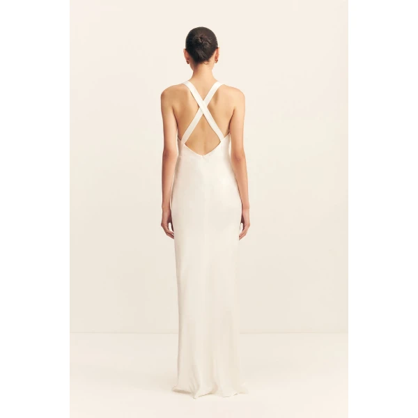 Halter Neck Low Neck Maxi Dress La Lune Plunged Cross Back Maxi Dress White  Dresses Shona