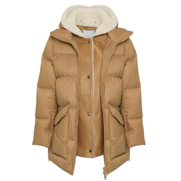 Woman wearing Yves Salomon shearling fur coat – luxury outerwear at Coveti