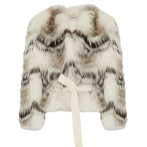 Woman wearing Yves Salomon shearling fur coat – luxury outerwear at Coveti