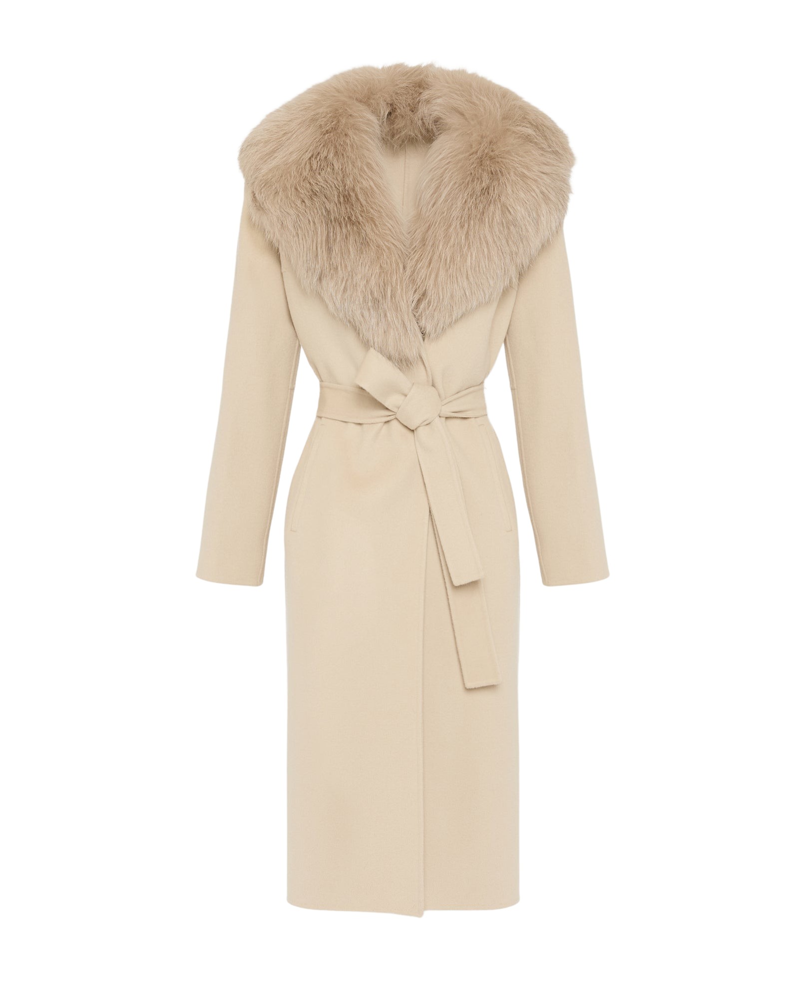 Yves-Salomon-Belted-coat-in-cashmere-wool-with-fox-fur-collar-and-lapel-555681_nobg Woman wearing Yves Salomon shearling fur coat – luxury outerwear at Coveti