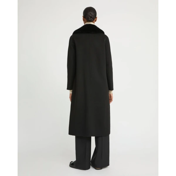 Woman wearing Yves Salomon shearling fur coat – luxury outerwear at Coveti