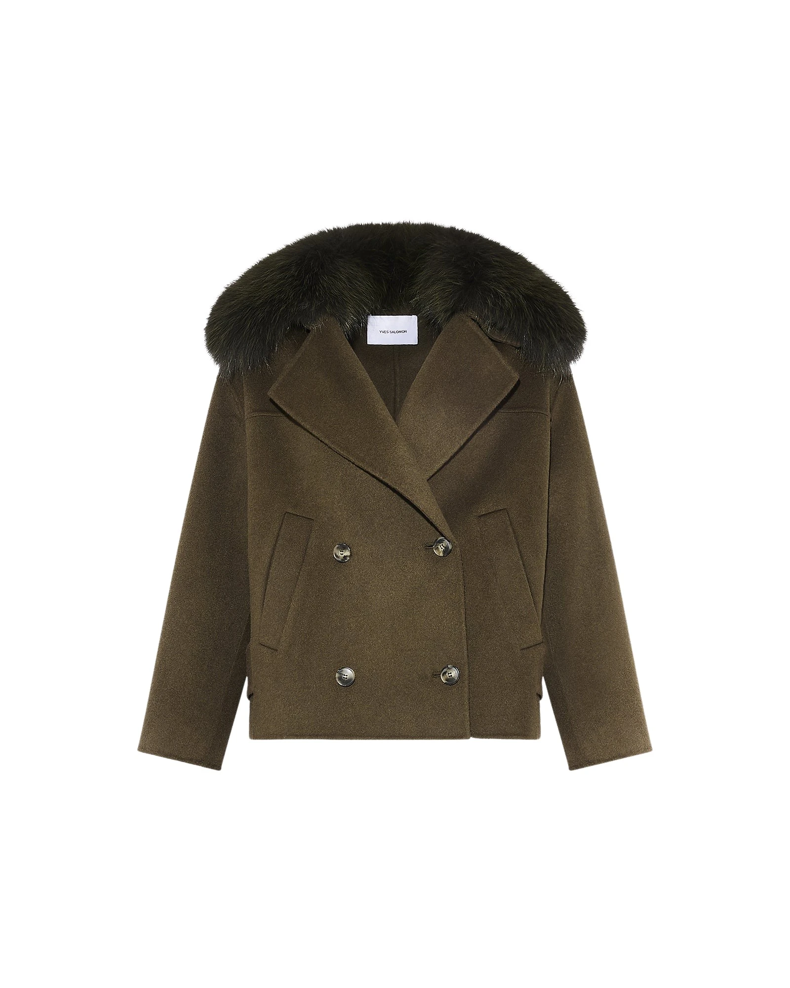 Yves-Salomon-Cashmere-blend-pea-jacket-with-removable-fox-fur-collar26319_nobg Woman wearing Yves Salomon shearling fur coat – luxury outerwear at Coveti