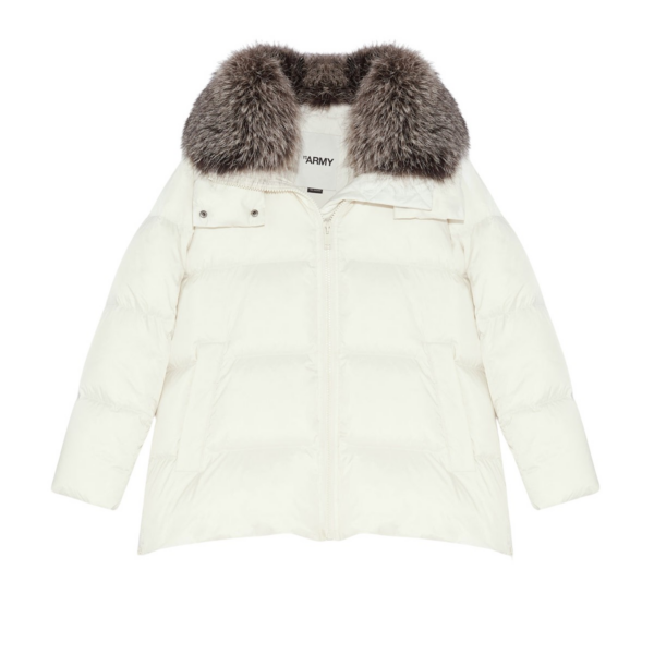 Woman wearing Yves Salomon shearling fur coat – luxury outerwear at Coveti
